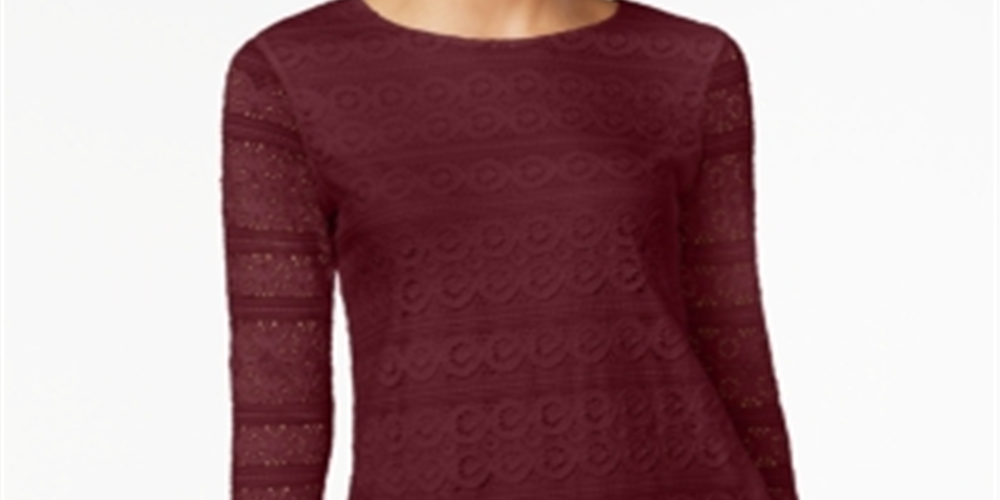 Charter Club Women's Lace 3/4 Sleeve Top Maroon Size Petite XL