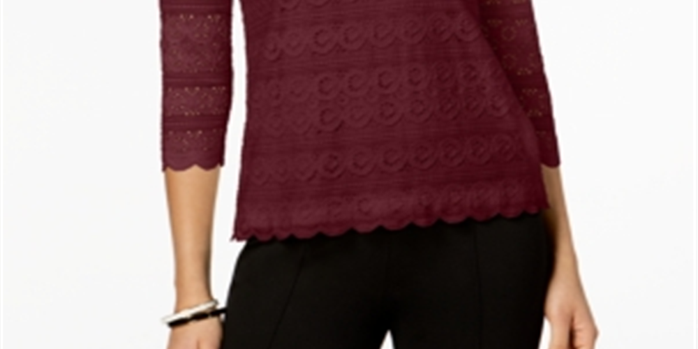 Charter Club Women's Lace 3/4 Sleeve Top Maroon Size Petite XL