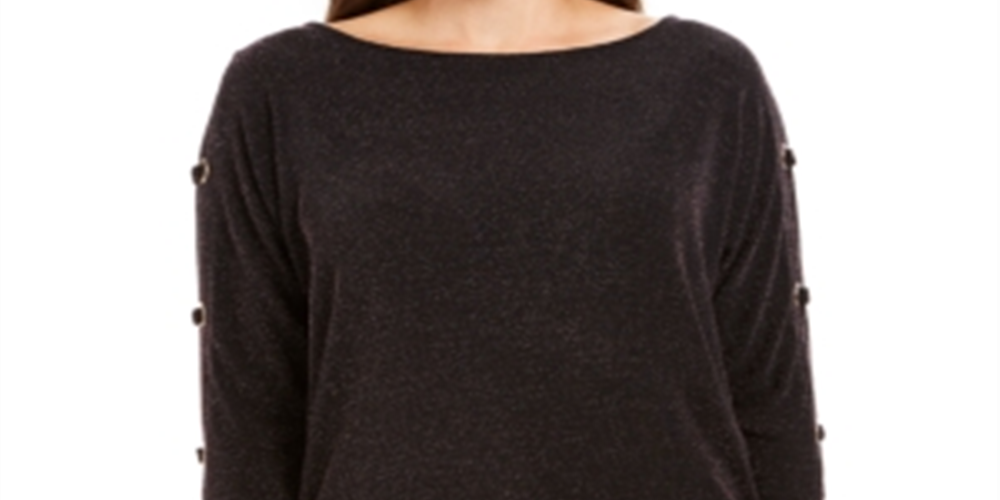 JM Collection Women's Split Sleeve Metallic Threaded Top Purple Size Large