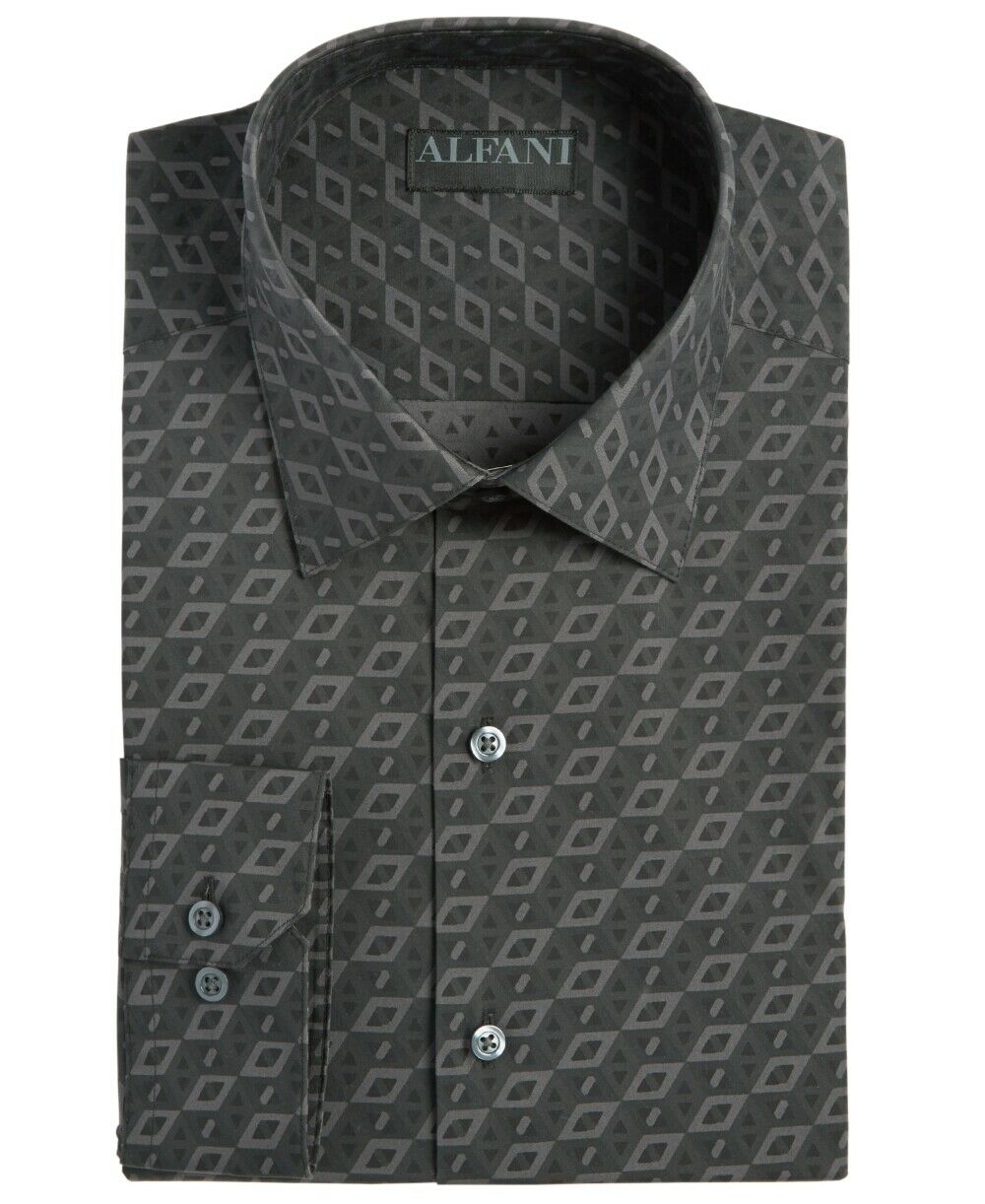 Alfani Men's Athletic Fit Print Dress Shirts Black Size 17-17.5 34-35