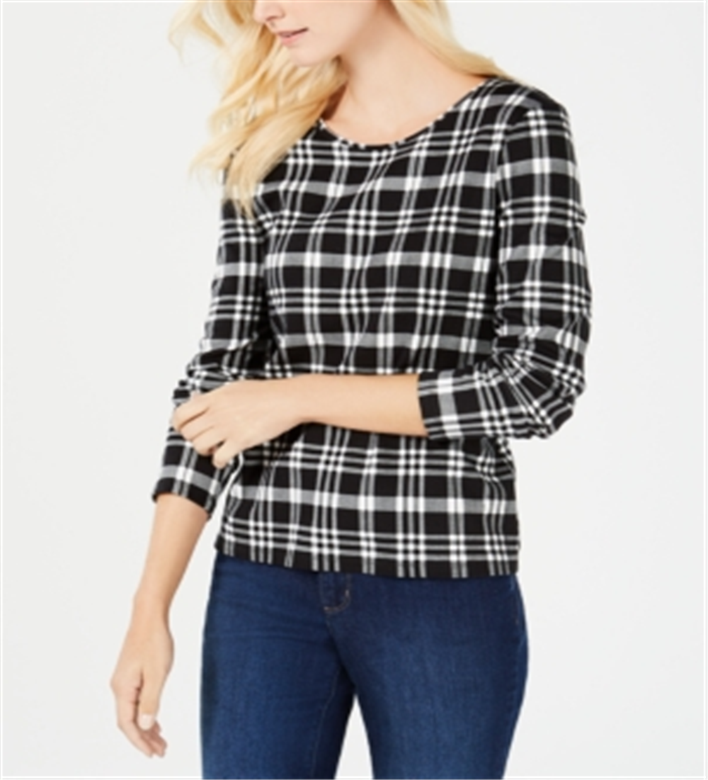Charter Club Women's Cotton Plaid Top Black Size X-Large
