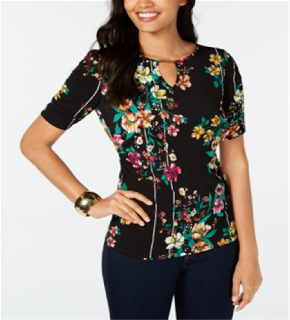 Thalia Sodi Women's Printed Elbow Sleeve Keyhole Top Black Size Small