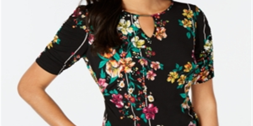 Thalia Sodi Women's Printed Elbow Sleeve Keyhole Top Black Size Small