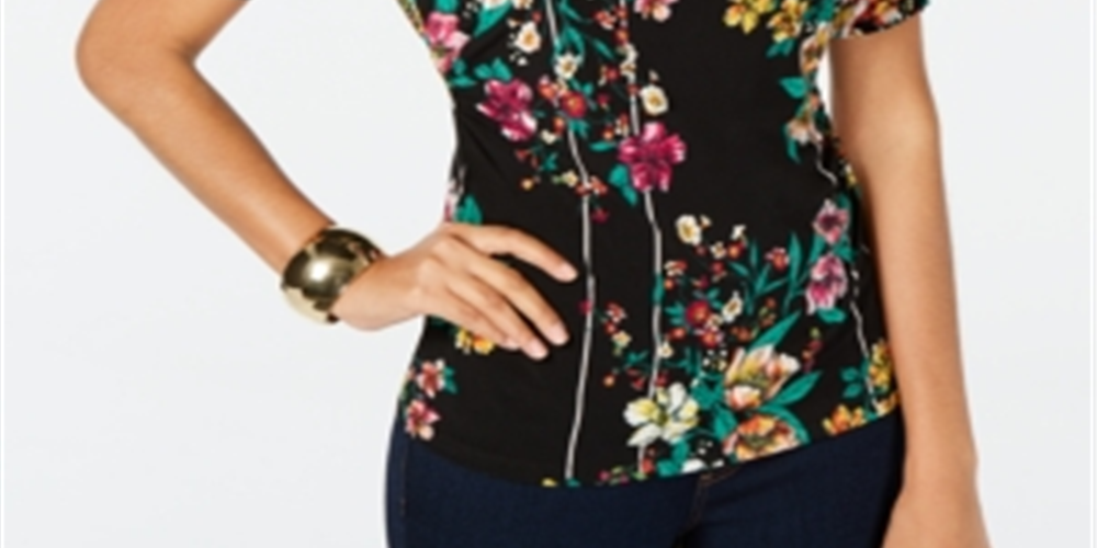 Thalia Sodi Women's Printed Elbow Sleeve Keyhole Top Black Size Small