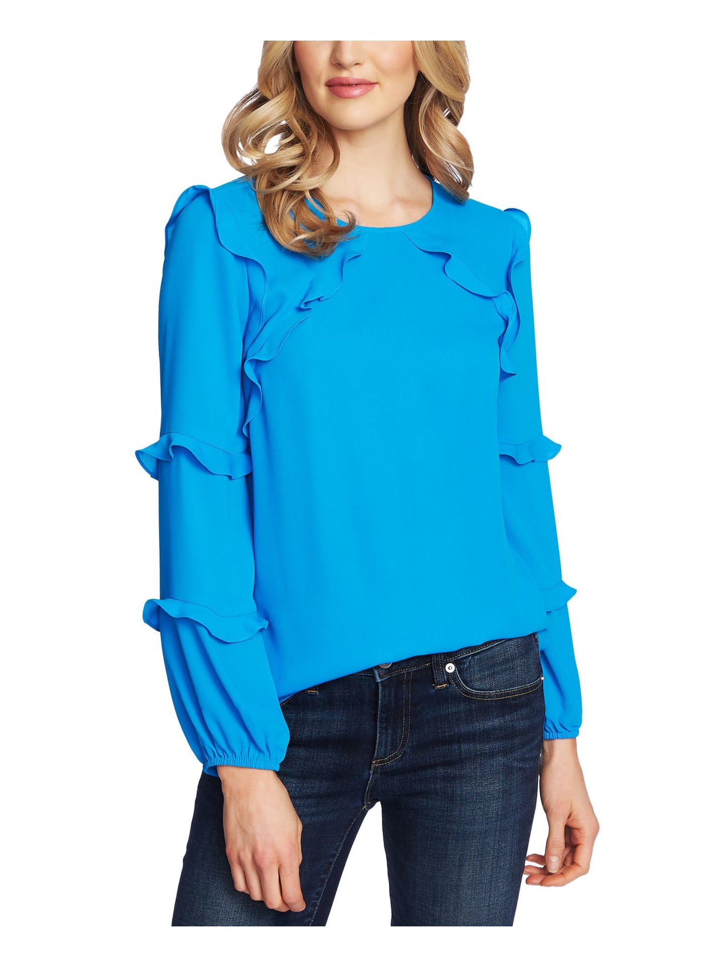 CeCe Women's Ruffled Long Sleeve Jewel Neck Top Blue Size Small