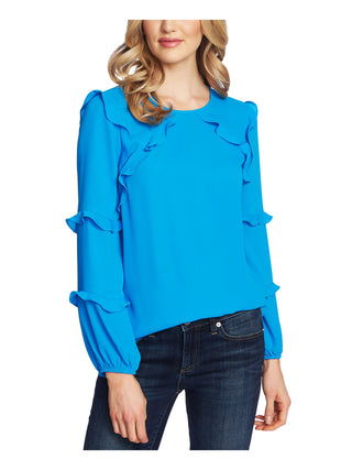 CeCe Women's Ruffled Long Sleeve Jewel Neck Top Blue Size Small