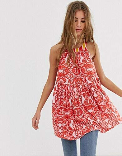 Free People Women's Printed Sleeveless Halter Tank Top Orange Size Medium