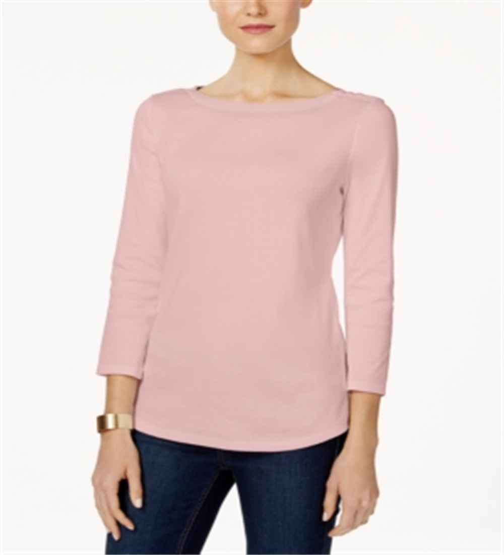 Charter Club Women's Pima Cotton Boat Neck Button Shoulder Top -Pink Size -XS