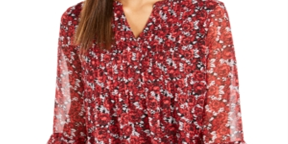 Charter Club Women's Floral Print Bell Sleeve Top Red Size Petite X-Large