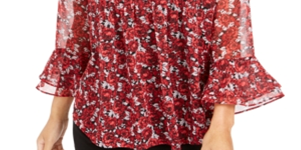 Charter Club Women's Floral Print Bell Sleeve Top Red Size Petite X-Large
