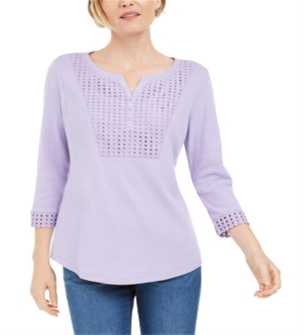 Karen Scott Women's Crochet Trim Henley Top Purple Size Small