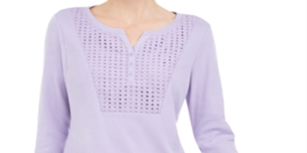 Karen Scott Women's Crochet Trim Henley Top Purple Size Small
