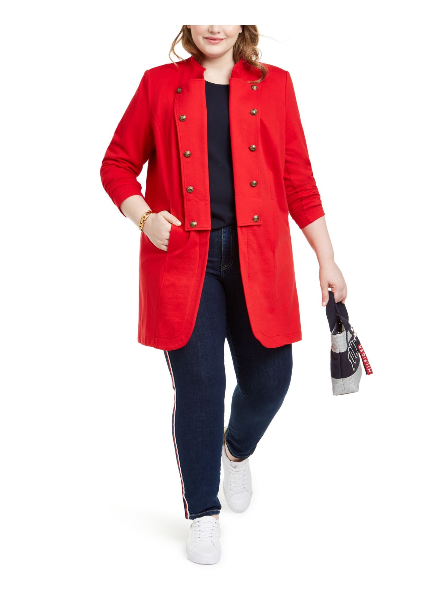 Tommy Hilfiger Womens Plus Double-Breasted MIDI Military Jacket Red Size 2X