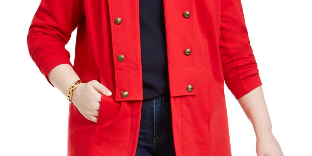 Tommy Hilfiger Womens Plus Double-Breasted MIDI Military Jacket Red Size 2X