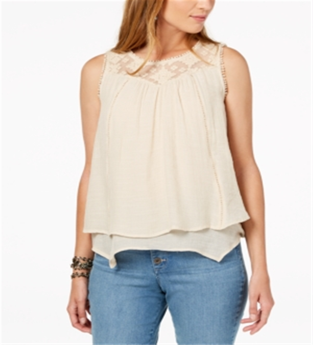Style & Co Women's Layered Hem Lace Trim Top Creme Brule - Size PP