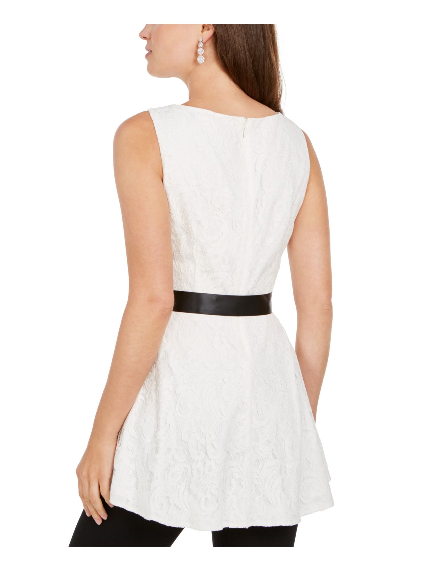 Adrianna Papell Women's Lace Tie Sleeveless Jewel Neck Peplum Top White Size 14