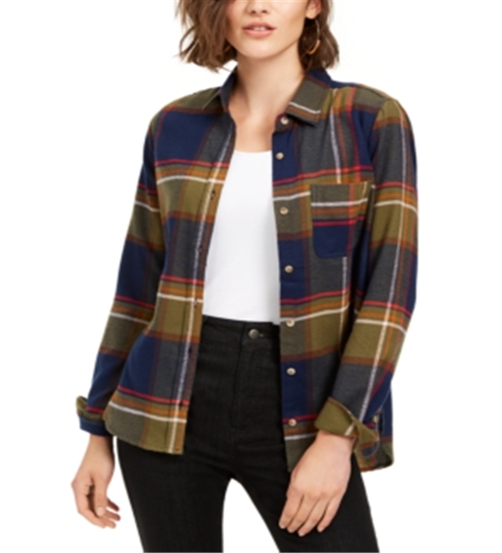 Polly & Esther Juniors' Plaid Utility Shirt Blue Multi Plaid Size Small
