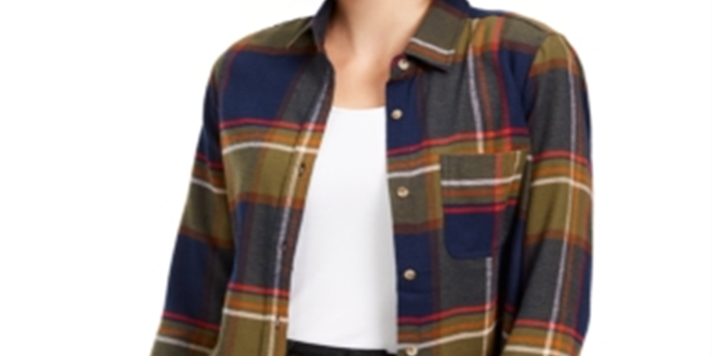Polly & Esther Juniors' Plaid Utility Shirt Blue Multi Plaid Size Small