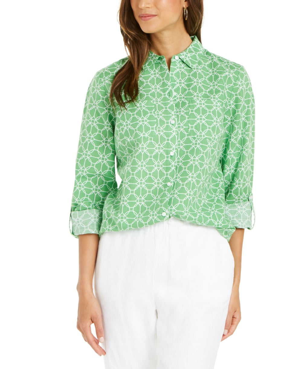 Charter Club Women's Printed Tab Sleeve Shirt Green Size Small