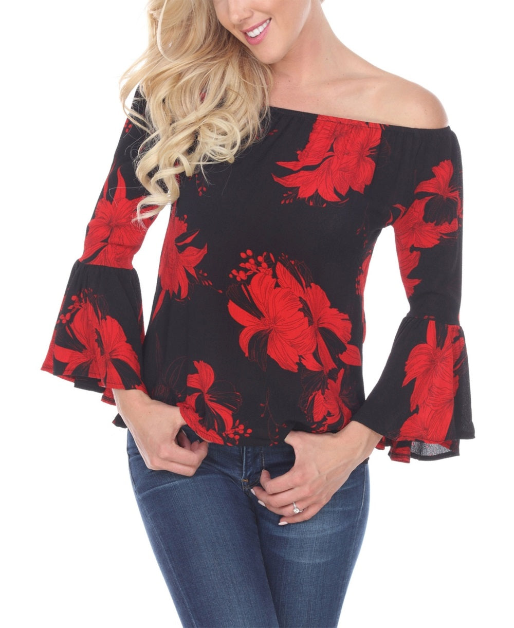 White Mark Women's Printed Smocked Neckline Top Black Size Large