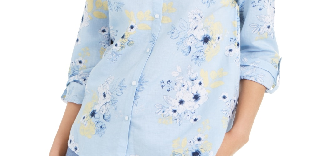 Charter Club Women's Floral-Print Linen-Blend Shirt  Blue Size XX Large