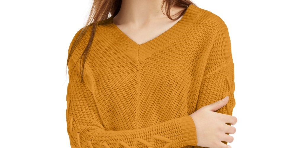 Almost Famous Juniors' Lace-Up Sweater Med Yellow Size Small