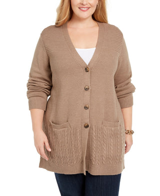 Karen Scott Women's Plus Size Ribbed Knit Cardigan Sweater Brown -0X