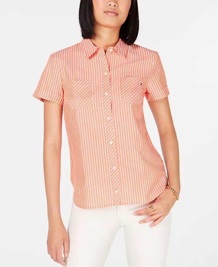 Tommy Hilfiger Cotton Striped Camp Shirt  Orange Size X-Small