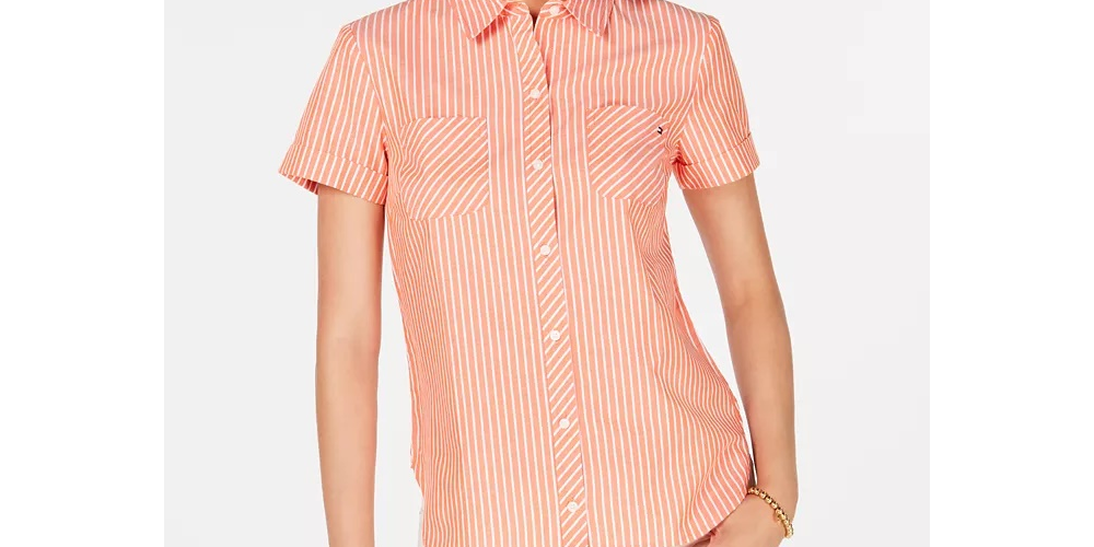 Tommy Hilfiger Cotton Striped Camp Shirt  Orange Size X-Small