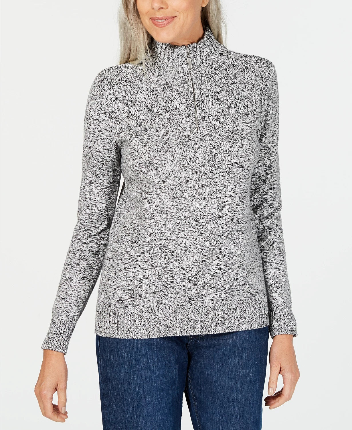 Karen Scott Women's Marled-Knit Quarter-Zip Sweater  White Size Small