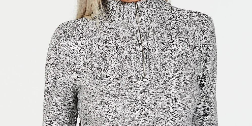 Karen Scott Women's Marled-Knit Quarter-Zip Sweater  White Size Small