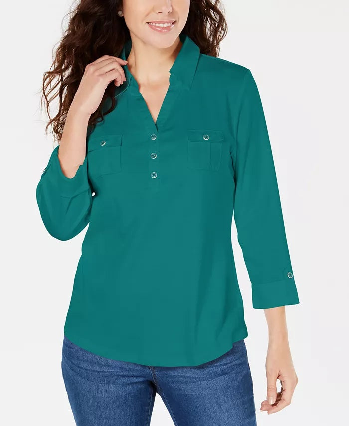 Karen Scott Cotton Johnny-Collar Utility Shirt  White Size S
