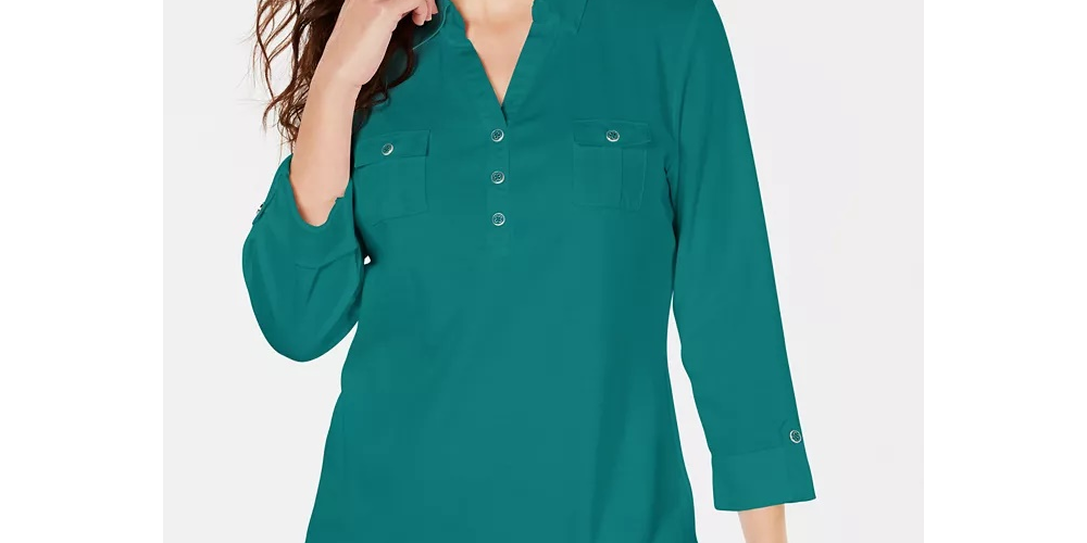 Karen Scott Cotton Johnny-Collar Utility Shirt  White Size S