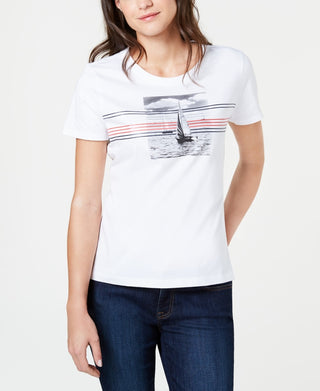 Tommy Hilfiger Women's Striped Sailboat Cotton T-Shirt White Size X-Large
