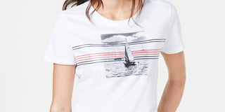 Tommy Hilfiger Women's Striped Sailboat Cotton T-Shirt White Size X-Large