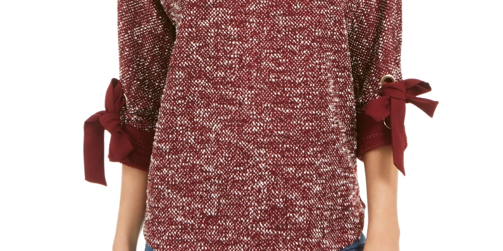 Charter Club Women's Petite Bow Cuff Marled Top  Red Size Petite Small