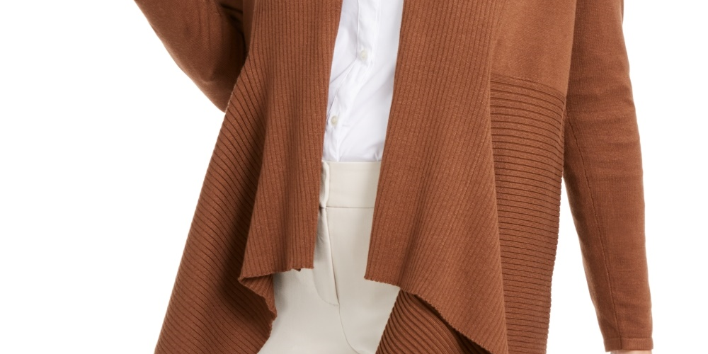 JM Collection Women's Petite Mixed-Ribbed Flyaway Cardigan Brown -PS