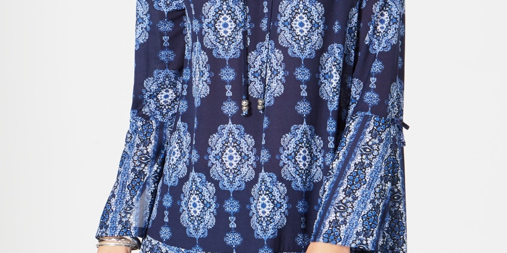 Style & Co Women's Printed Bell Sleeve Tunic Blue Size PP