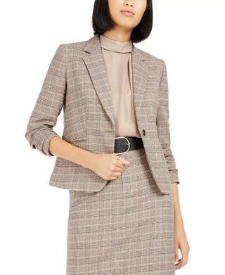 Bar III Women's One Button Plaid Blazer Brown  Size 8