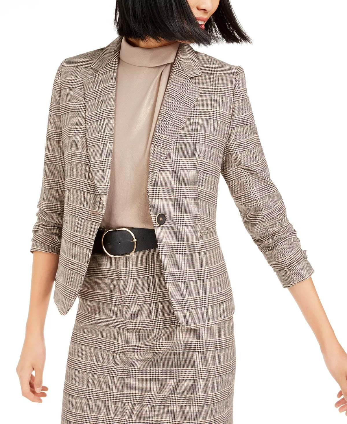 Bar III Women's One Button Plaid Blazer Brown  Size 8