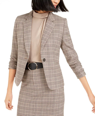 Bar III Women's One Button Plaid Blazer Brown  Size 8