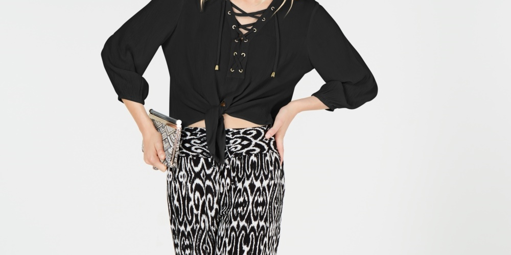 INC International Concepts Women's Petite Lace Up Blouse Black Size PM