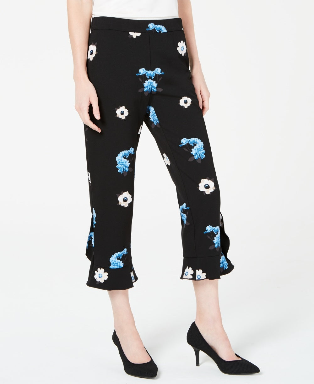 Alfani Women's Floral Print Ruffle Hem Ankle Pants  Black Size 8