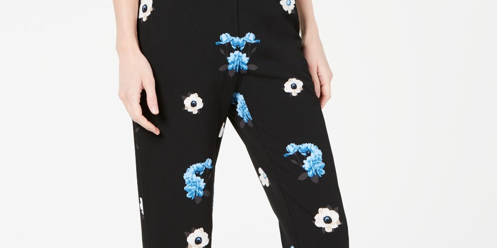 Alfani Women's Floral Print Ruffle Hem Ankle Pants  Black Size 8