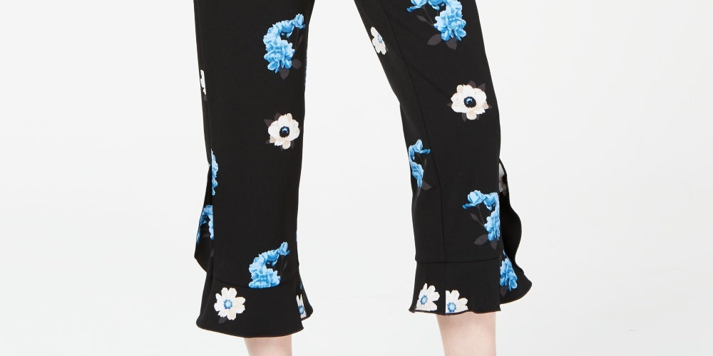 Alfani Women's Floral Print Ruffle Hem Ankle Pants  Black Size 8