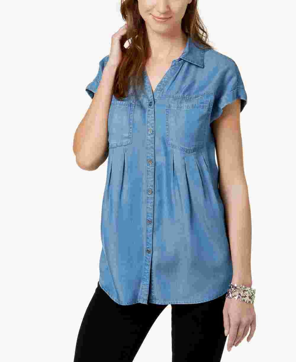 Style & Co Women's Pleated Cuffed Sleeve Top Blue Size Medium