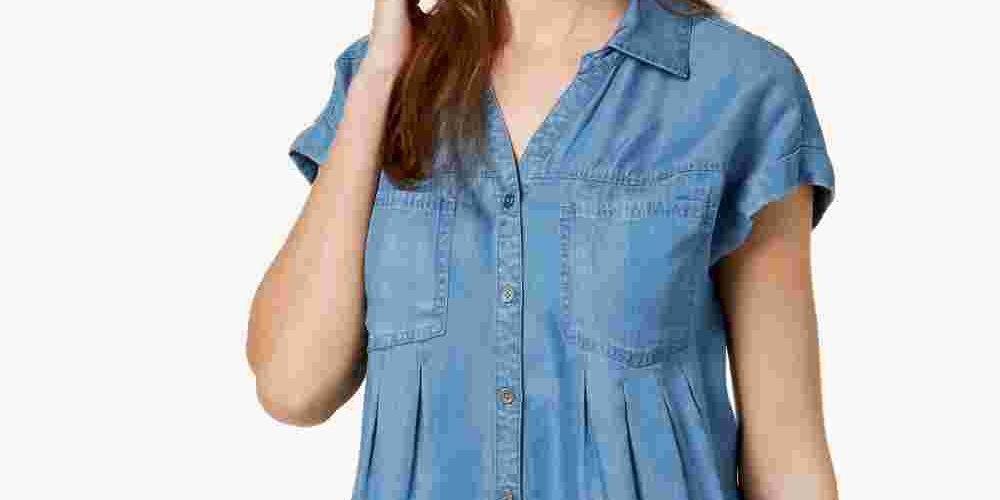 Style & Co Women's Pleated Cuffed Sleeve Top Blue Size Medium