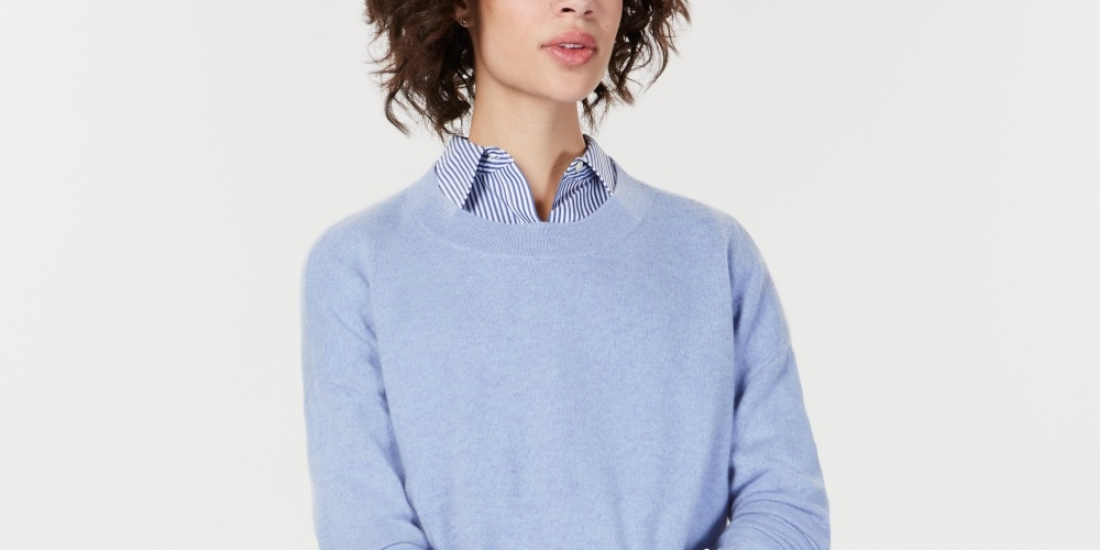 Charter Club Women's Cashmere Oversized Crew Neck Sweater Blue Size M