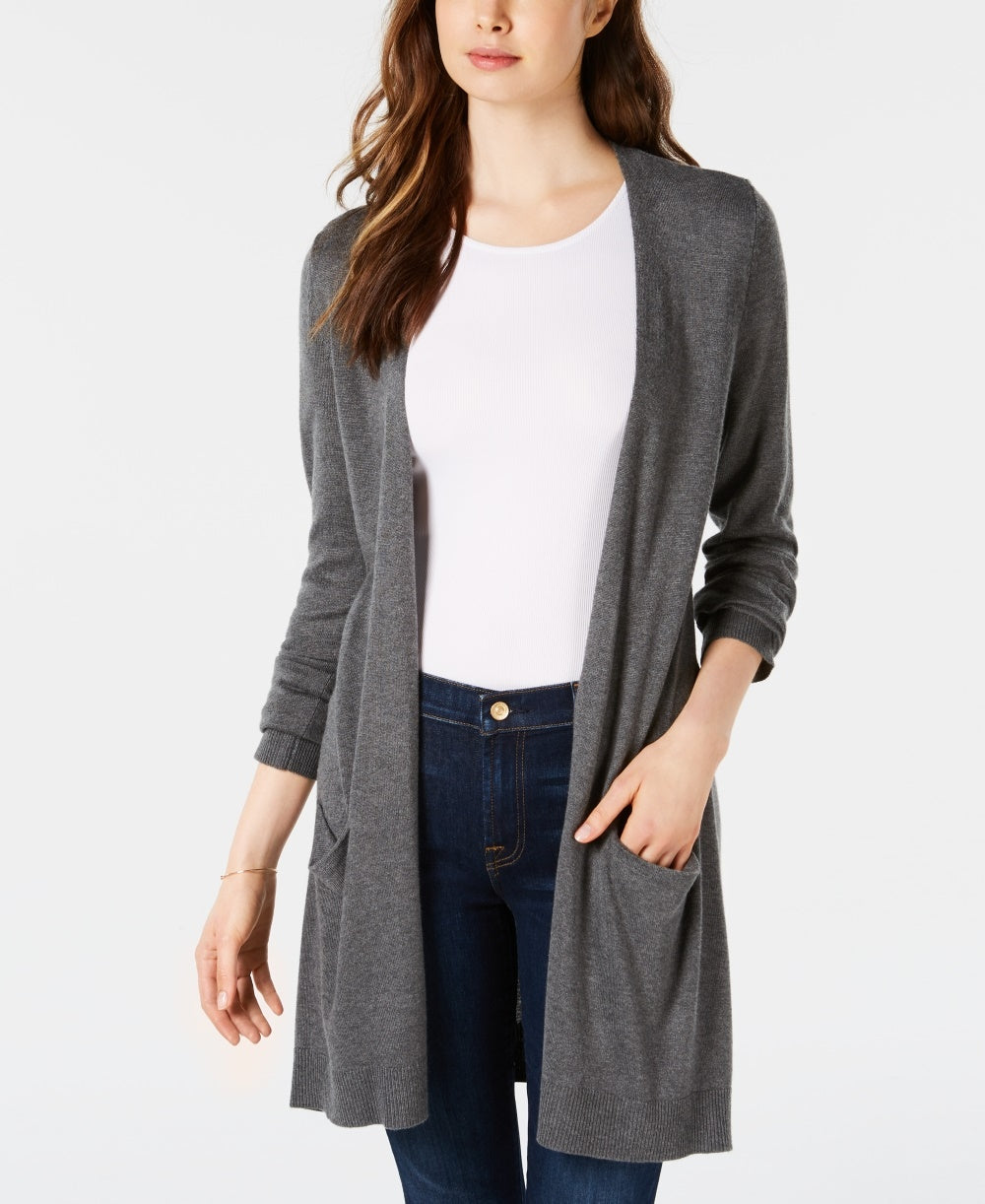 Maison Jules Women's Long Open-Front Jersey Cardigan Sweater Med Gray Size X-Small
