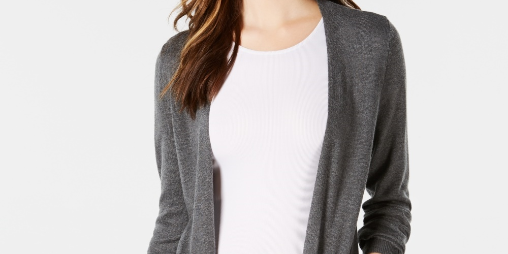 Maison Jules Women's Long Open-Front Jersey Cardigan Sweater Med Gray Size X-Small